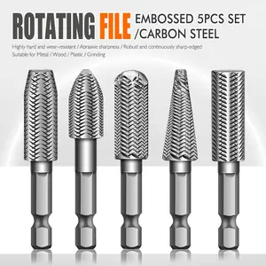 Rotary File Wood Carving Tool Set, 5-Piece Carbon Steel Files, Hex Handle Drill Bits, Suitable for Metal, Wood, Plastic Corner Rounding