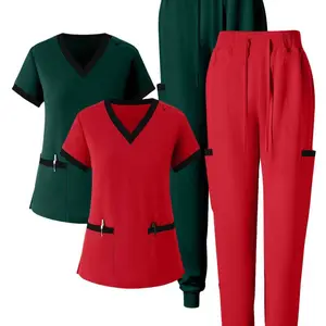 Women's Running Suede Stretch Sports Nurse Medical Uniform Scrub Set Breathable Four-Piece Workwear Pocket Outfit