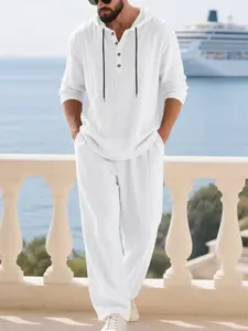 Men's casual hooded long-sleeved long pants linen suit, loose fit, suitable for daily casual wear and beach vacations and travel