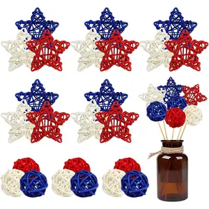 24PCS Balls Rattan Decoration,Star Shaped Wicker Balls,Rattan Wicker Ball for 4th of July Independence Day Home Decor DIY Spring Vase Filler Ornament Table Decoration