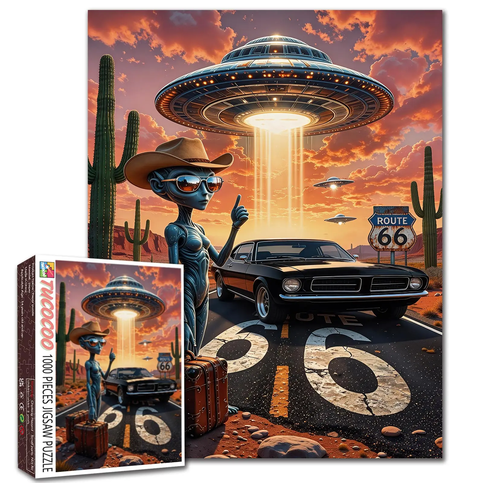 Tucocoo Route 66 Alien Traveler 1000-Piece Jigsaw Puzzle for Adults & Seniors, Vintage Car UFO Desert Road Scene Artwork, Relaxing Family Game, Stress-Relief Brain Exercise, 27.5x20in (70x50cm) Wall Decor Gift