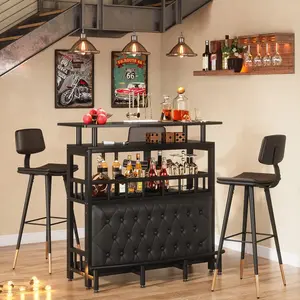 LITTLE TREE Home Bar Unit for Liquor, 44-Inch Bar Height Table with Storage, Black Entertainment Pub Table, Mini Bar Carts Upholstered&Metal Front Footrest for Kitchen, Balcony, Basement