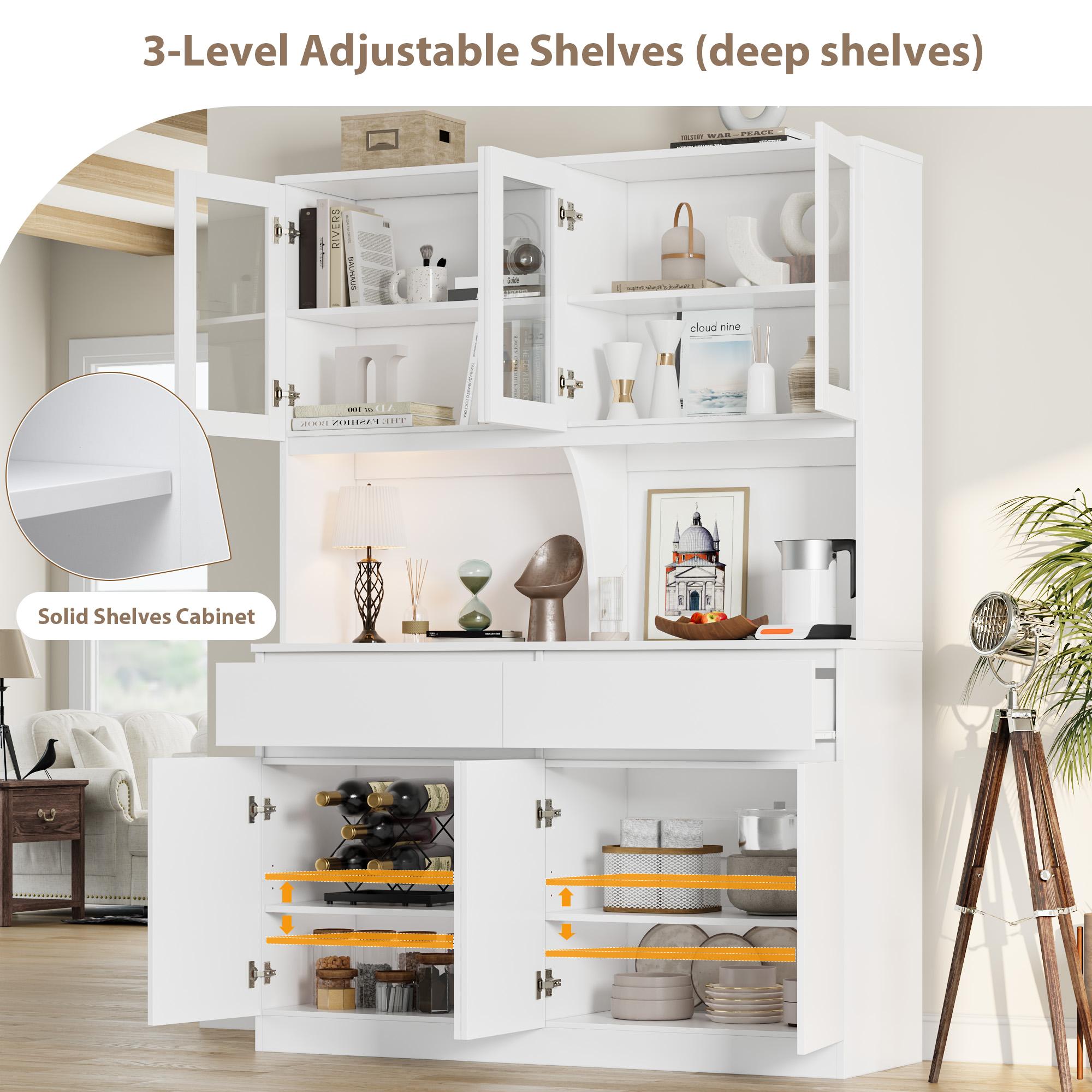 FOTOSOK  74.8" Tall Pantry Cabinet, 55.1" Wide Kitchen Pantry Cabinet  with 2 Drawers, Kitchen Hutch with Microwave Stand, Tall Storage Cabinet for Living Room, White