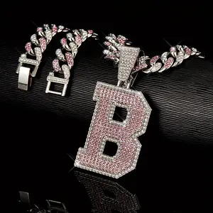 Luxury A/B/M/N/S Initial Pendant Necklace with Sparkling Cuban Chain 18K Gold Plated Hip-hop Rock Style for Street Parties Celebrations Exquisite Gift Box