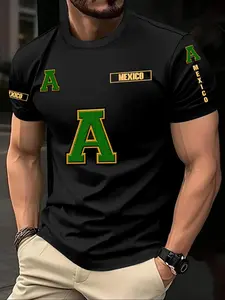 Men's Eagle Letter Series Graphic Print T-Shirt, Summer Round Neck Short Sleeve Fitted Casual Streetwear Comfort Top, Outdoor Wear