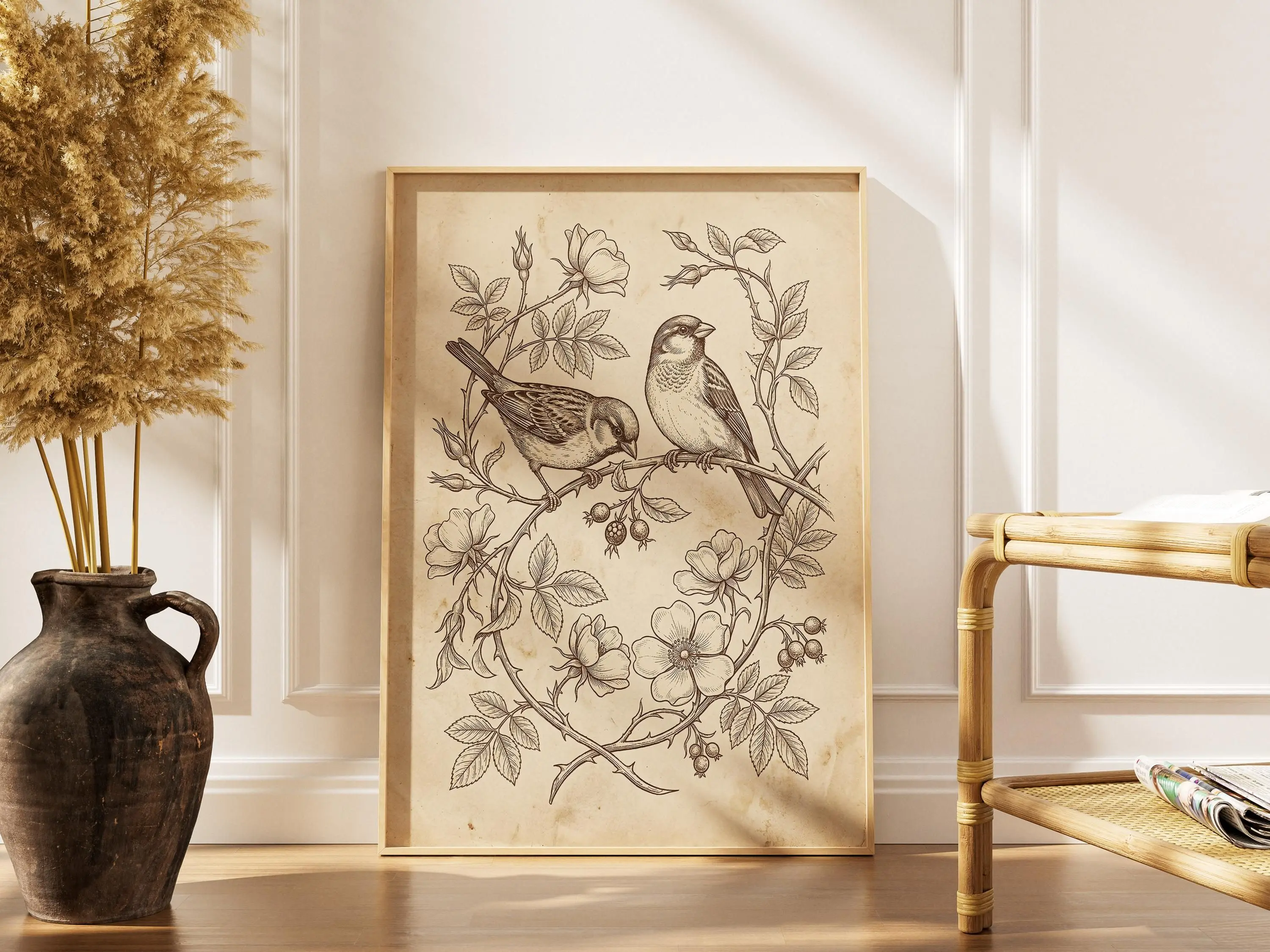 [SALE UP TO 40%] [Unframed] Vintage Bird Print, Antique Botanical Art, Sepia Songbird Etching, Farmhouse Wall Decor, Cottagecore Gift for Her