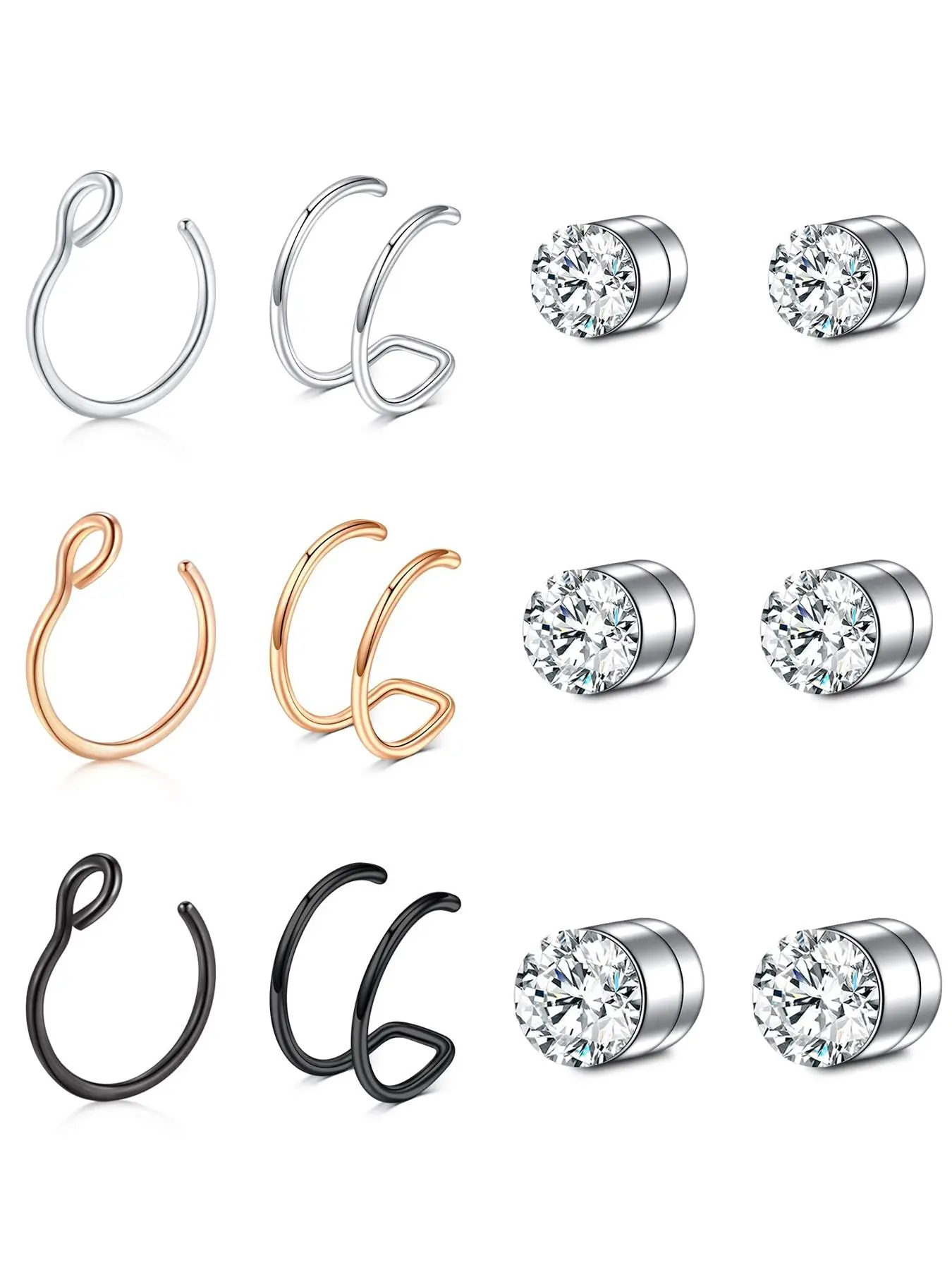 Rhinestone Decorated Nose Ring (12pcs), Stainless Steel Magnet Nose Ring, Nose Rings Set, Nose Piercing Jewelry, Body Jewelry for Party, Daily Clothing Decor for Girl, Jewelry for Birthday Gift