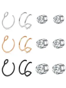 Rhinestone Decorated Nose Ring (12pcs), Stainless Steel Magnet Nose Ring, Nose Piercing Jewelry, Body Jewelry for Party, Daily Clothing Decor for Girl, Trendy All-match & Exquisite Jewelry for Birthday Gift