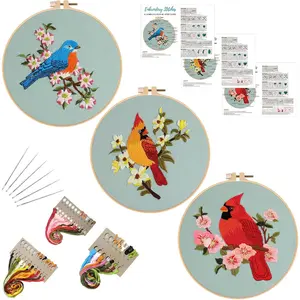 3 Sets Bird Embroidery Kits for Beginners,Adults Starter Flower   Stitch Kit DIY Needlepoint Kits with Embroidery Instructions