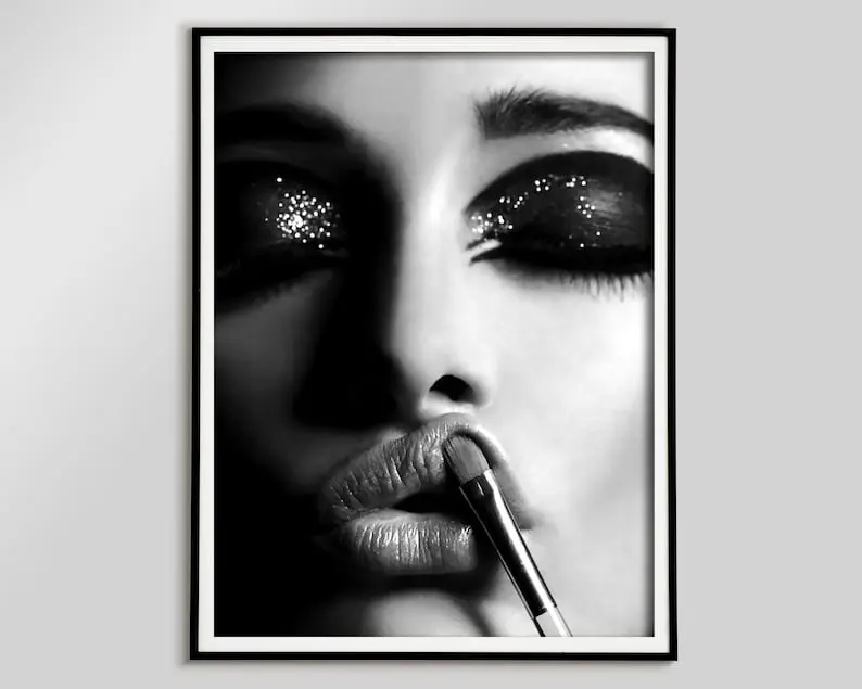 Woman Applying Makeup Poster, Fashion Wall Art, Black and White, Fashion Print, Vintage Photography, Spa Esthetician Décor