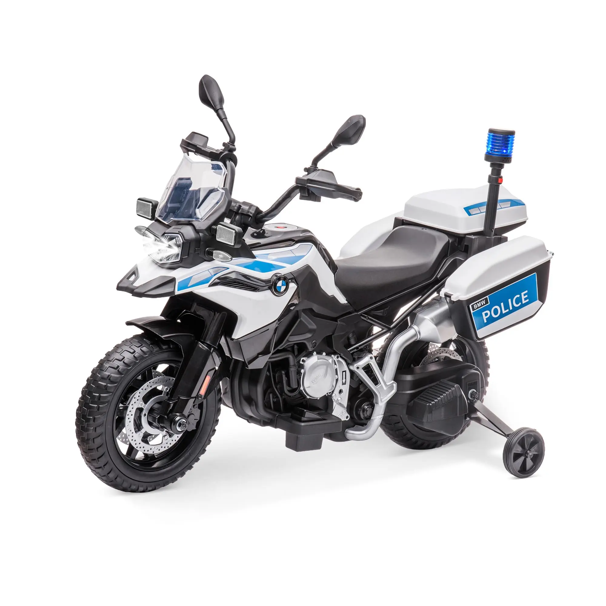 12V Kids Electric Police Motorcycle with Training Wheels, Dual Storage Boxes, Music