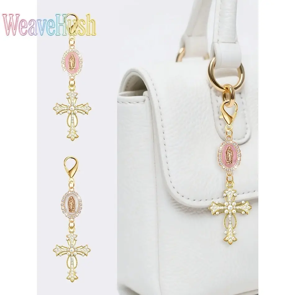 2-Pack Hollow Cross Keychains, Unisex Fashion Bag Charm with Inlaid Crystal & Pearl, Recycled Collectibles for Everyday Wear, Keychains For Women, Charm Pendant, Cross Motif, 2Pcs, Multipack, Edgy Diy Bag Accessories, Keychain Accessory, Casual