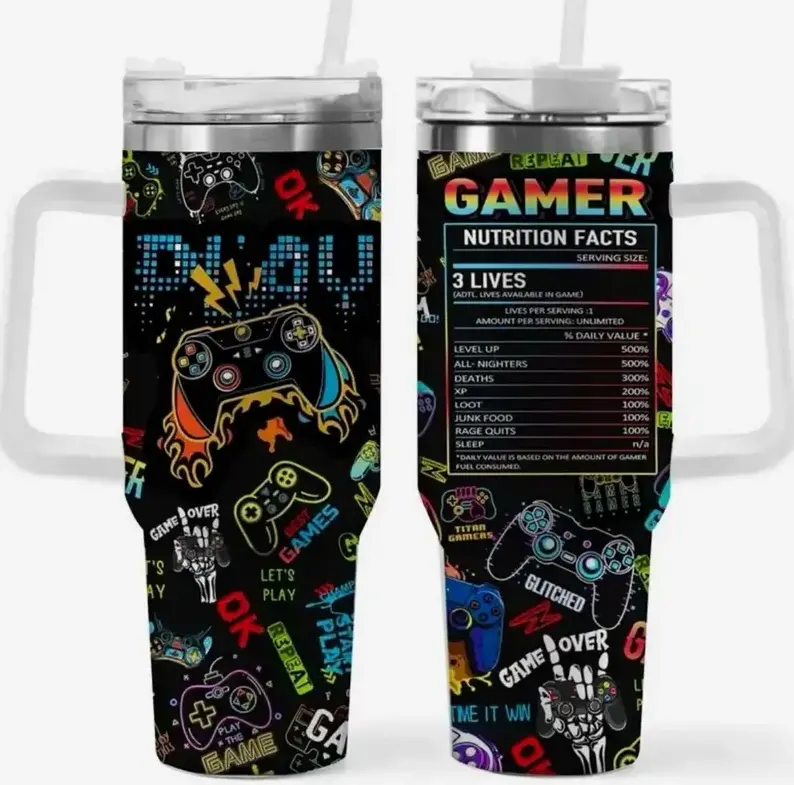 [Gift Box Included] 40oz, 20oz Gaming Fire & Ice Print Stainless Steel Tumbler with Handle and Straw Vacuum Insulated Travel Mug Fits Car Cup Holder Cool Gift for Gamers Men and Boys