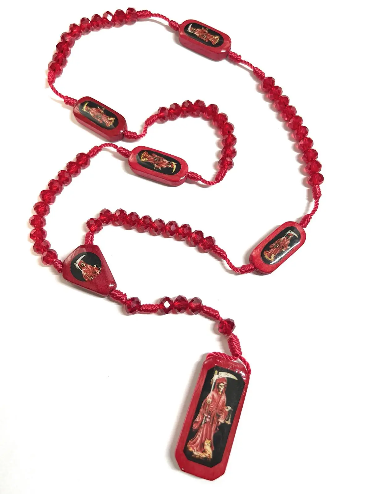 Santa Muerte Rosary Necklace with 8mm Crystal Beads, Wood Pendant and Durable Nylon Thread, Unisex Design, Black, 17.5 Inches