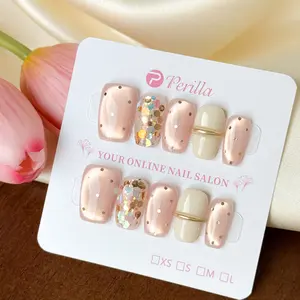 C21-C33 Handmade Press On False Nails Coffin Almond Square Hand Drawn Stick on Nails White French Tip Acrylic Dipping Powder
