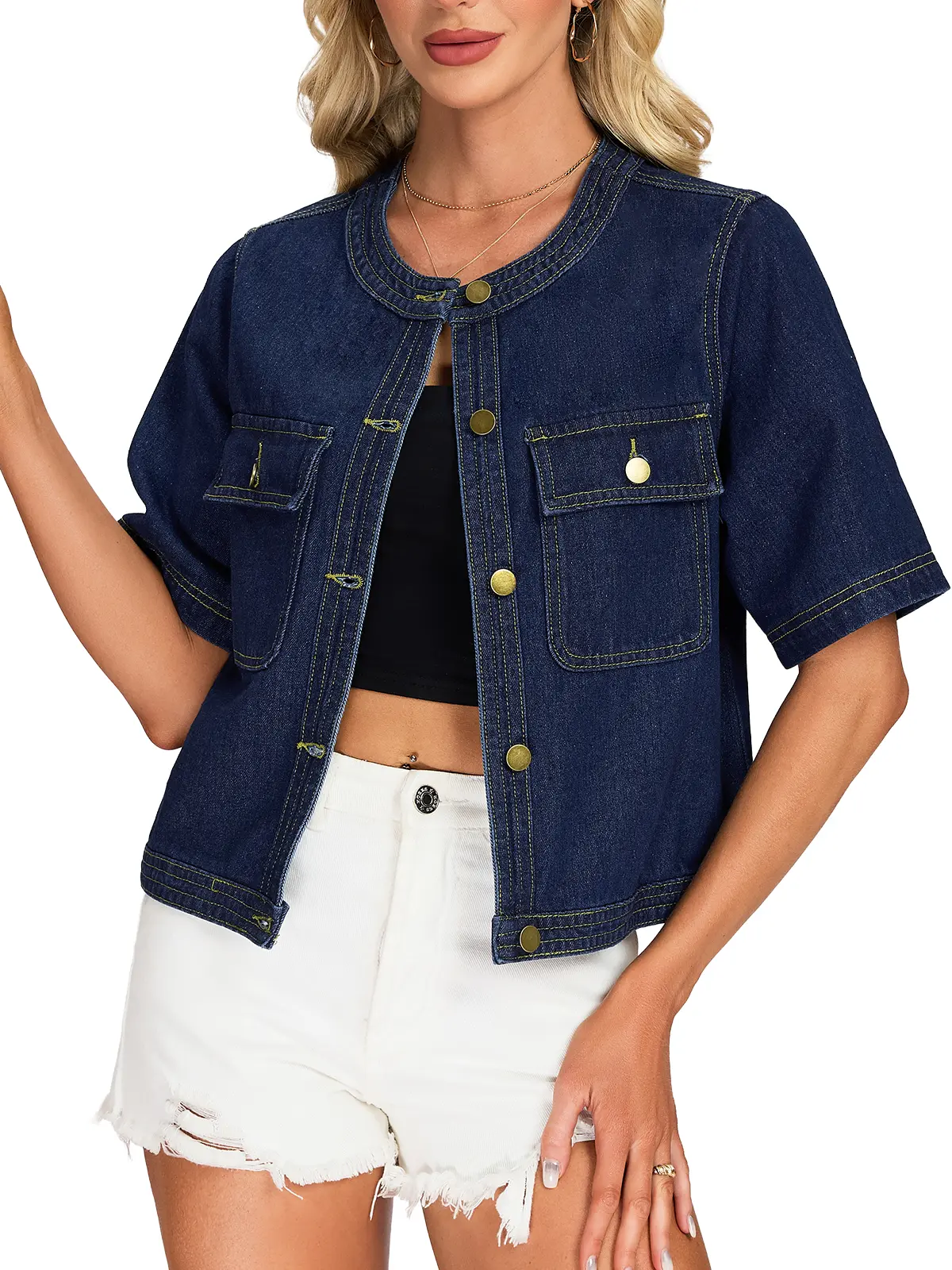 Women's Short Sleeve Cropped Collarless Denim Jacket, Women's Tops Outerwear