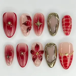 Red Gold Luxury Press On Nails – Glossy Gradient Floral Reusable Fake Nails