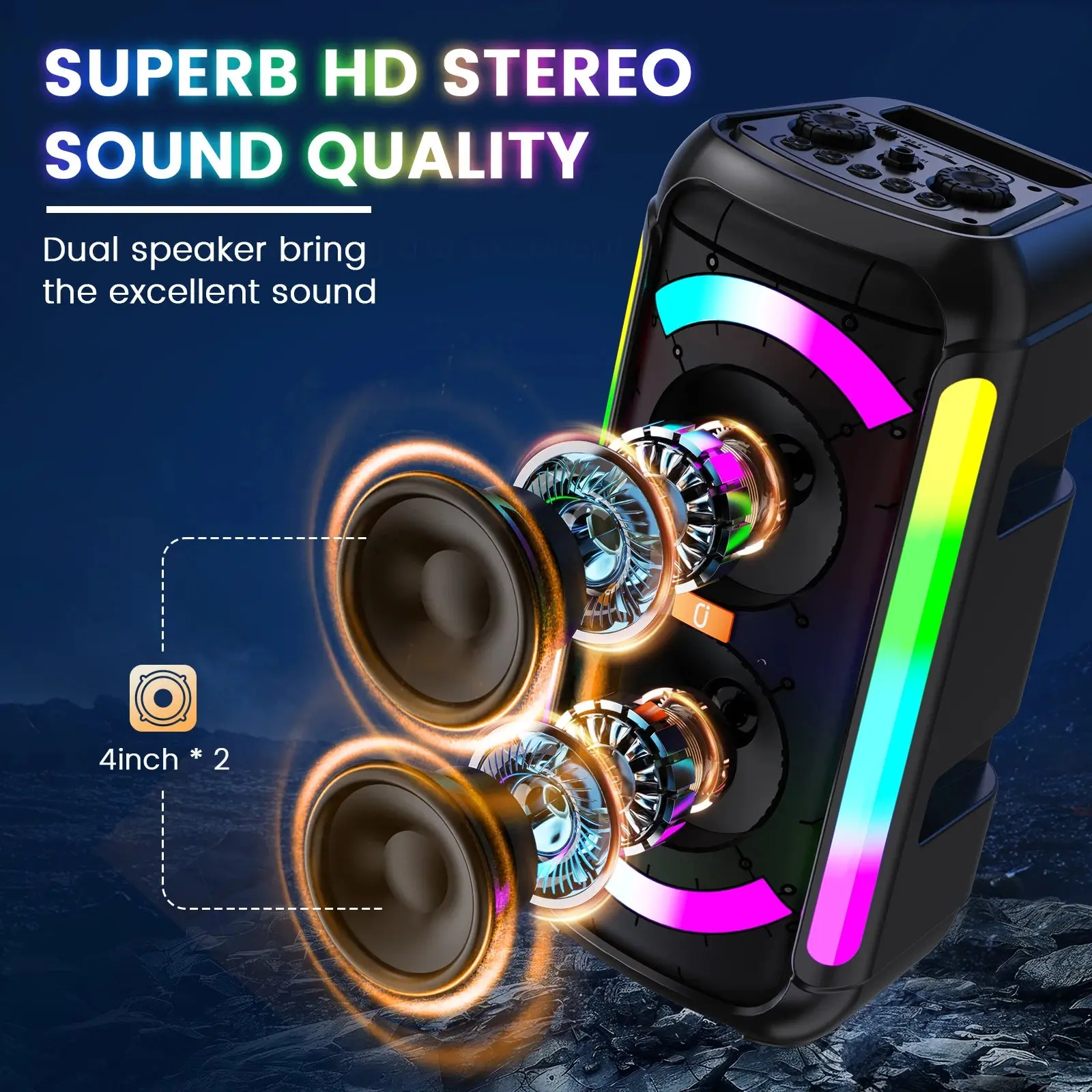 BeatWave Karaoke Machine with 2 Microphones, Wired Bluetooth Speaker, LED Lights, 3D Surround Sound, USB Power, Portable Home Party Speaker