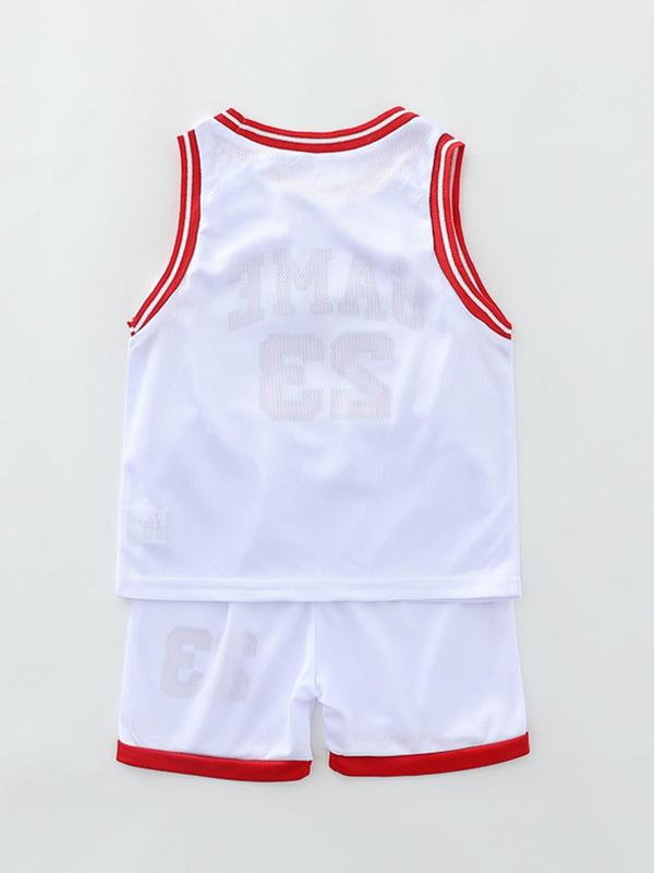 Two-Piece Set Boy's Basketball Jersey Set, Contrast Binding Sleeveless Basketball Vest & Shorts, Summer Clothes for Kids Outdoor Sports