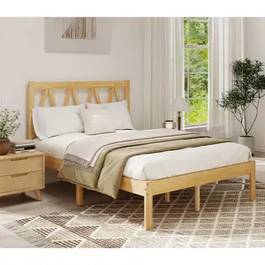 Wood Platform Bed Frame with Headboard Solid Wood Foundation with Heavy Duty Slat Support No Box Spring Needed Easy Assembly Rubber Wood Full Size