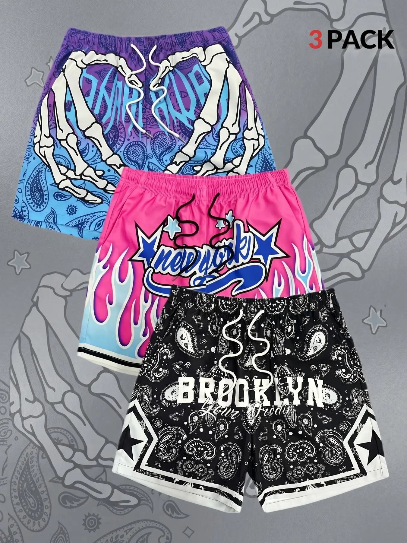 Men's 3PCS Assorted Graphic Drawstring Fashion Shorts Set, Lightweight Breathable Polyester, Skeleton Hand, Skull, New York Flame Print, Elastic Waistband, Oversized, Loose Fit, Y2K Streetwear Casual Pants, Ideal for Summer, Beach, Vacation & Daily Wear