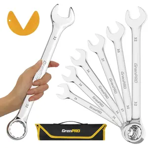 Metric Wrench Set, Large Wrench Set Metric and Standard, 7PC 23mm, 24mm, 26mm, 27mm, 30mm, 32mm Long Big Open End Wrench Tool Set Roll Up Organizer with Gauge, Combination Wrenches Sets