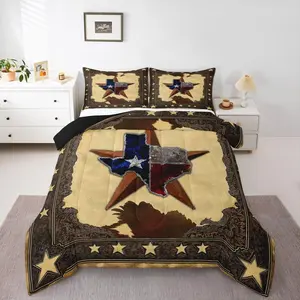 Western Texas Star Kids Bedding,Rustic Cow Print Comforter Sets,Cowhide Faux Fur Design Grunge Farmhouse Decor Insert Duvet