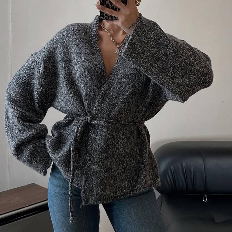 Women’s Marled Knit Wrap Cardigan, Soft Chunky Knit Sweater with V-Neck, Oversized Lantern Sleeves, Belted Tie Waist, Loose Fit Cozy Cardigan for Casual, Work & Everyday Wear