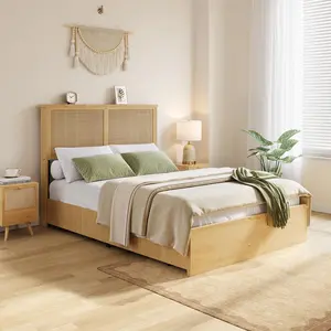 Rattan Bed Frame, Natural Rattan Headboard King Bed Frame with Led Lights, Noise-Free Platform Bed Frame with Wooden Support Legs and Slats