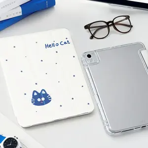 Cute and simple blue cartoon cat design, four-corner anti-shock tablet case, with pen slot and foldable,Suitable for iPad Mini, Air, Pro 4,5,6,7(2017,2018,2019,2020,2021,2022,2023,2024,2025 models),and Samsung S6,7,8,9,10FE + A7 LTE tablet cases
