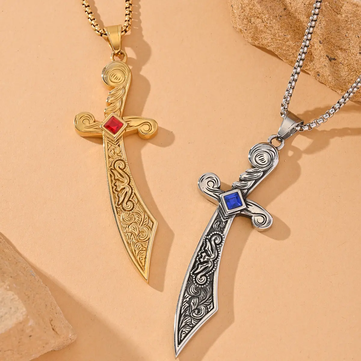 Retro Punk Dagger Pendant Necklace, Unisex Stainless Steel Chain Jewelry with a Geometric Square Zirconia Stone, Statement Party Fashion Accessory