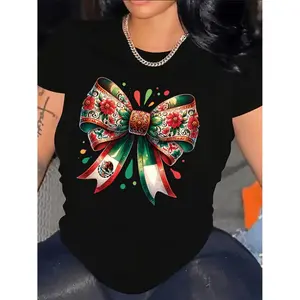 Women's Mexican Print T-Shirt - Vibrant Green Floral Butterfly & Patriotic Stripes Design, Short Sleeve Crew Neck Casual Top, Breathable Machine-Washable Fabric for Spring & Summer Festivals, Cinco de Mayo Outfits, Cultural Celebr