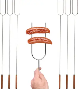 6-Pack 40" Solid Steel Camp Forks Marshmallow Sticks with Wooden Handles, Heavy-Duty Camping Essentials for Fire Pit Roasting, BBQ Grilling & Outdoor Cooking