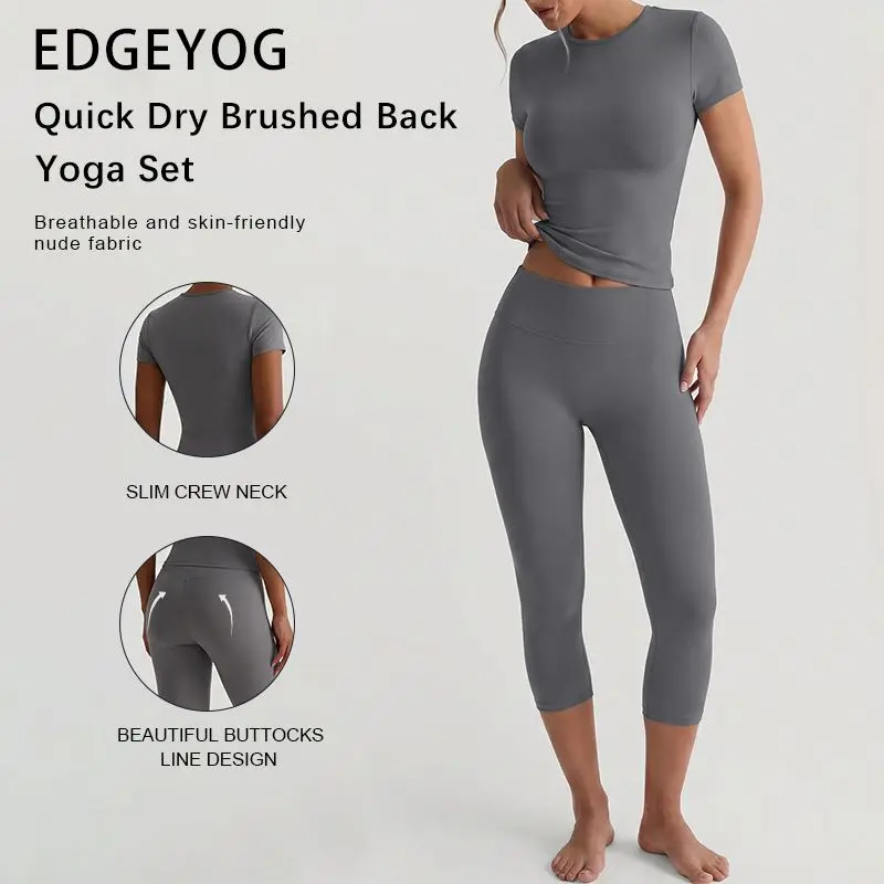 EDGEYOG Women's Summer Gray 2-Piece Athleisure Set - Crew Neck Short Sleeve Slim T-Shirt, High Waist Tummy Control Butt Lifting Long Leggings, Minimalist Basic Style for Yoga, Daily Wear, Home Outfits