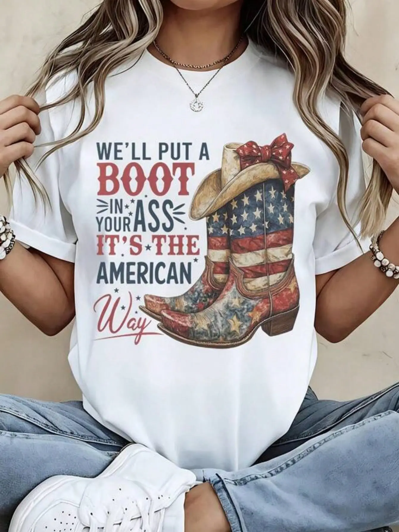 Women Round Neck T Shirt American Flag Cowboy Boot Print And Text Short Sleeve Casual Summer Outfit For Patriotic Events And Outdoor Activities Style Womenswear