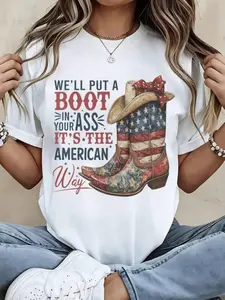 Women Round Neck T Shirt American Flag Cowboy Boot Print And Text Short Sleeve Casual Summer Outfit For Patriotic Events And Outdoor Activities