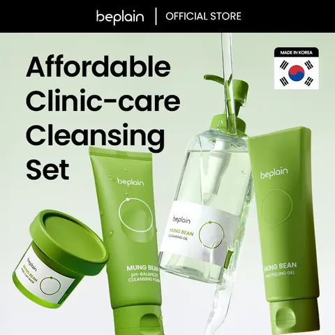 Beplain Mung Bean 4PC Skincare Set - Cleansing Oil, Cleansing Foam, Peeling Gel, Clay Mask - Affordable, Dewy, Detox, Lightweight, Pore-Caring Milky Facial Cleanser Bundle Calming