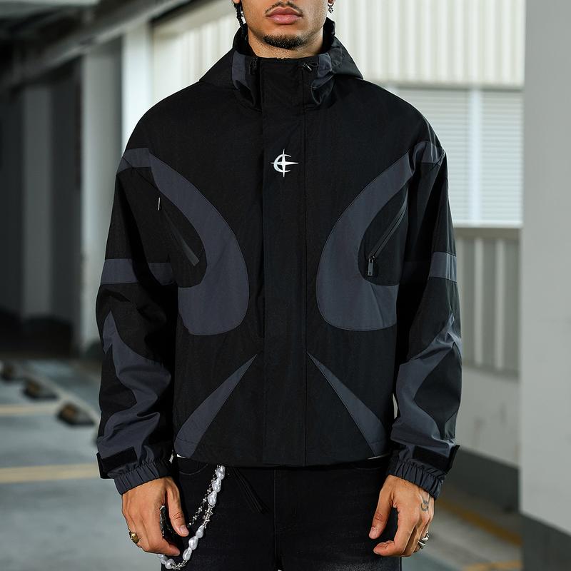 Men's Baseball Jacket High Street Patchwork Print Windproof Coat Fashion College Style Long Sleeve Outerwear for All Seasons Multi-Pocket Hooded Zipper Closure Stylish Menswear