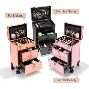 3-in-1 Pro Makeup Train Case with Wheels, Professional Rolling Workstation, Detachable Clear Bag, Nail Polish Organizer, Large Cosmetology Travel Trolley, Drawers & Swivel Wheels for Nail Techs, Stylists