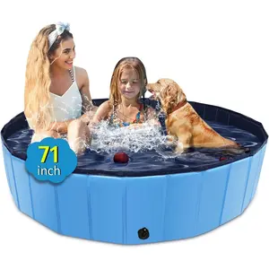 Foldable 71" x 12" Large Hard Plastic Kiddie Dog Pool, Non-Slip Collapsible Dog Bath Tub Swimming Pool for Kids Dogs Pets, Perfect for Outdoor Backyard (Blue)
