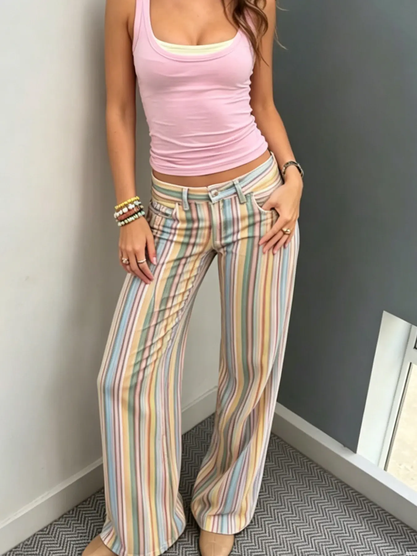 Striped Jeans Pants Women's Pants Y2K Streetwear Denim Wide Pants Summer Baggy Low Rise Jeans Chic Trendy Women's Straight Jeans Colorful Cowboy Long Pants, Bottoms