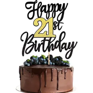 1 PCS Happy 21st Birthday Cake Topper Black Gold Glitter Cheers to 21 Years Fabulous Cake Decoration for 21st Birthday Party