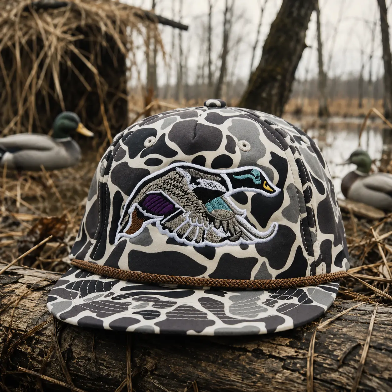 Mallard duck patch on a Jungle Camo Rope brim SnapBack Hat, Camouflage Pattern Embroidered Mallard Duck Hunting Snapbacks, Gift For Hunters