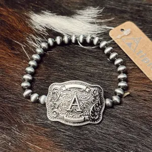 Navajo Belt Buckle Bracelet with Initial 'A' Design and Beaded Accents by Tipi Collection