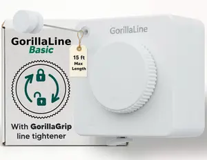GorillaLine Basic - 15 ft Max Length White Clothesline with GorillaGrip Line Tightener for Secure Hanging Easy Setup Retractable Space Saving Cost Stainless Steel Clothesline  Adjustable