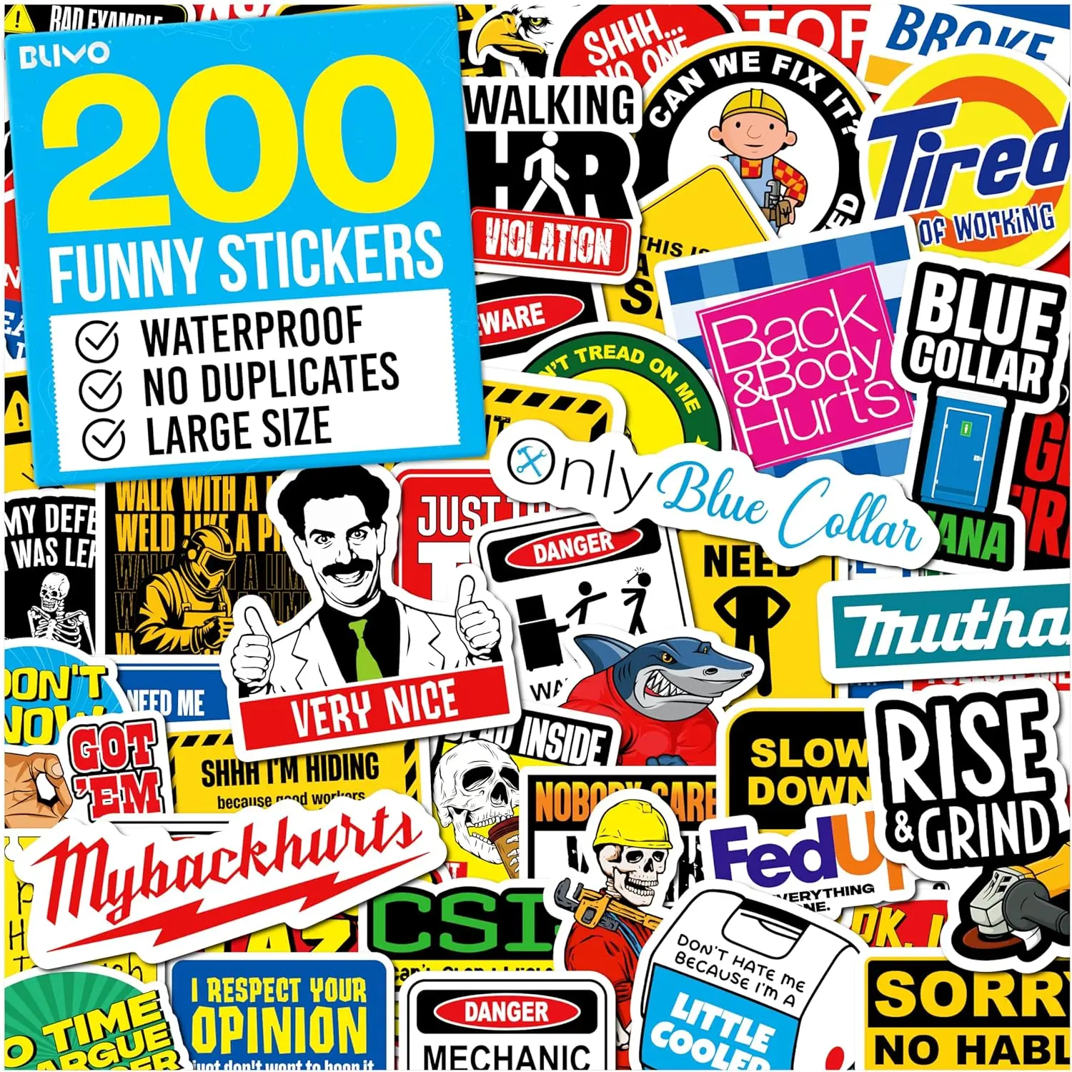 200 PCS Hard Hat Stickers for Adults - Vinyl & Waterproof Funny Stickers, Ideal for Welders, Electricians, Mechanics, and All Blue Collar Workers