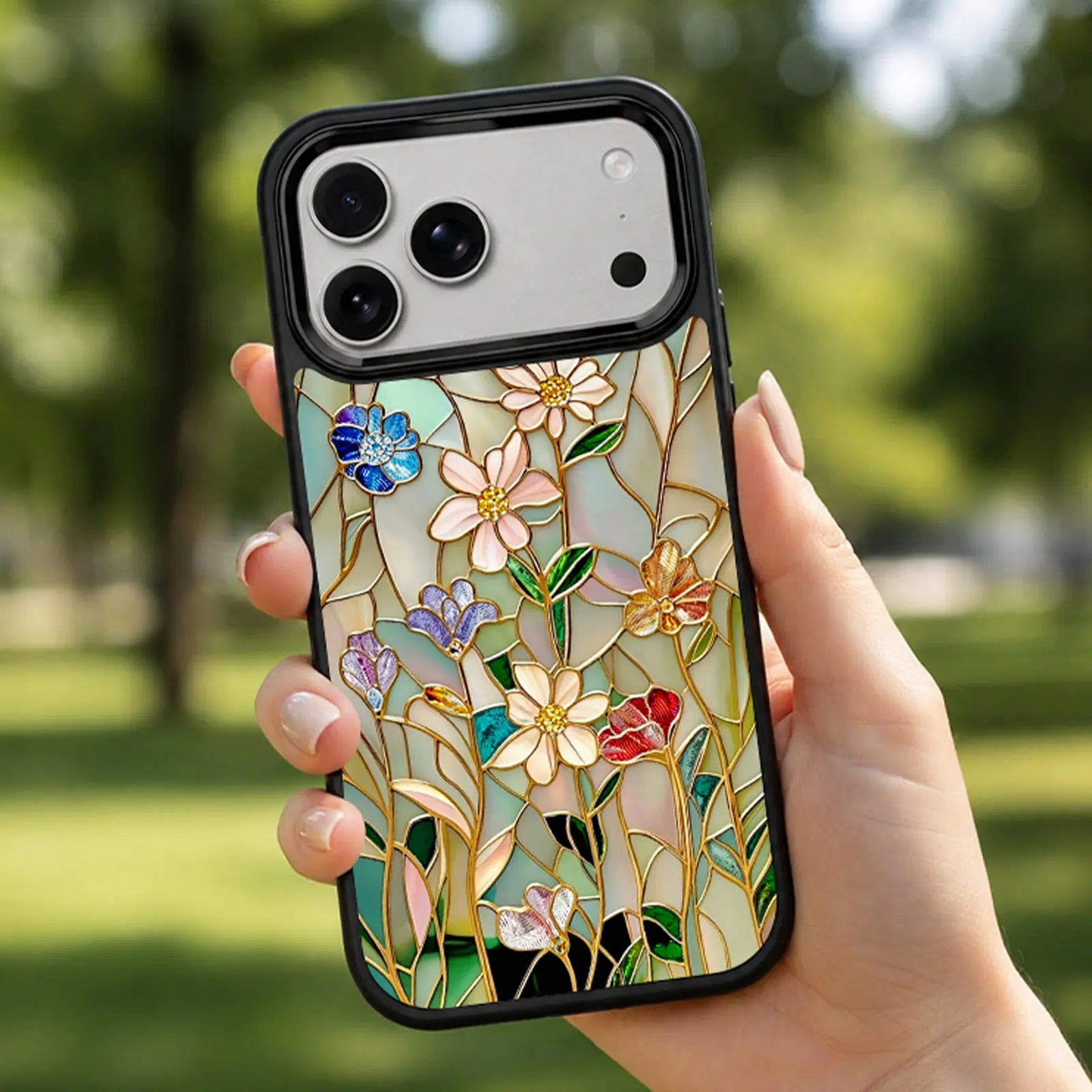 Stained Glass Floral Magnetic Phone Case, Compatible with iPhone 17/16/15/14/13/12 Pro Max, Cute Floral Shockproof Protective Case with Lens Protection & MagSafe Mobile Phone Accessories
