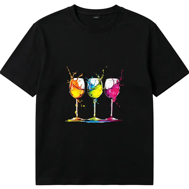 Color Splash Three Rainbow Wine Glass Art T-Shirt - Relaxed Fit Black Wine Lover Unisex Casual Tee
