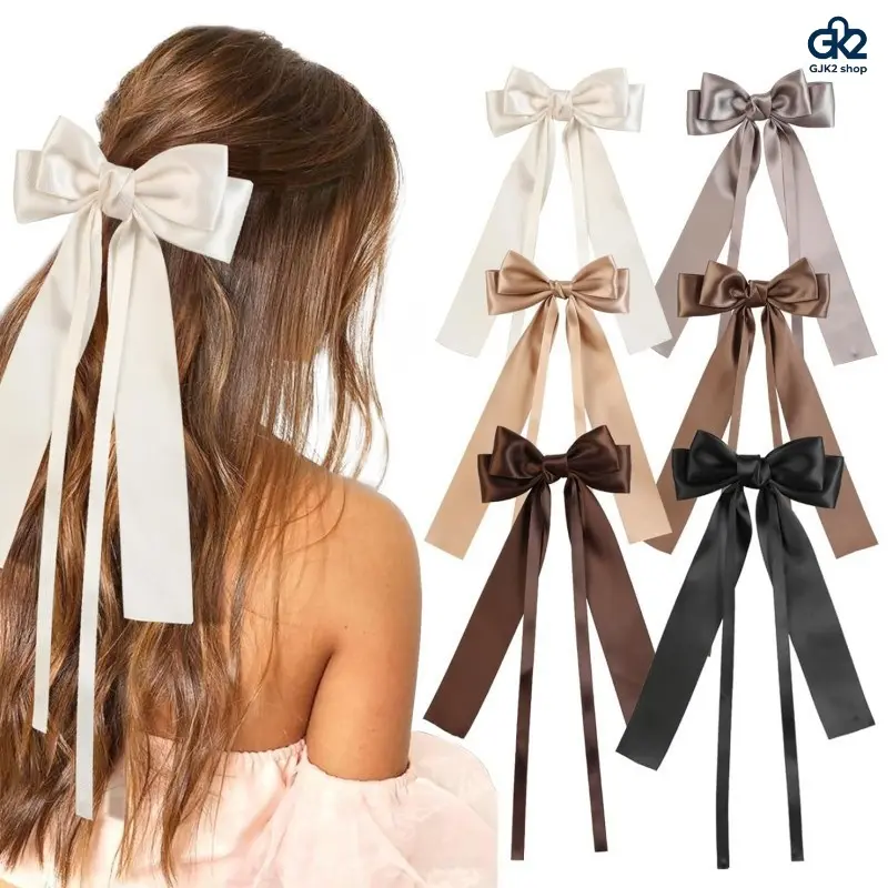 Women & Girls Satin Ribbon Bow Hair Clips - 6pcs Long Tail Barrettes, Coquette Aesthetic Sweet Hair Accessories for Accessory Goals, Hair Style Accessory, Barrette Form