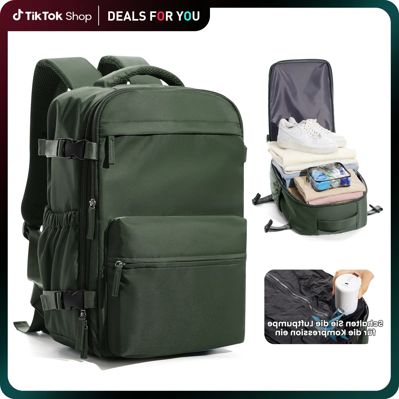 Coowoz Vacuum Travel Backpack with Pump - Zip-Up Vacuum Seal Compression Casual Travel Backpack, Airline Approved Carry-On Luggage for Adults, Durable Holiday Outdoor Hiking Rucksack, W/Free Toiletry Bag